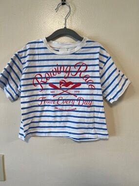 Zara White & Blue Striped Tee with Red Graphic